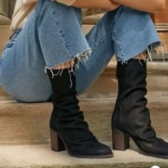 Free People Ellie Block Heel Boot Black Suede US 7 - Picture 1 of 14